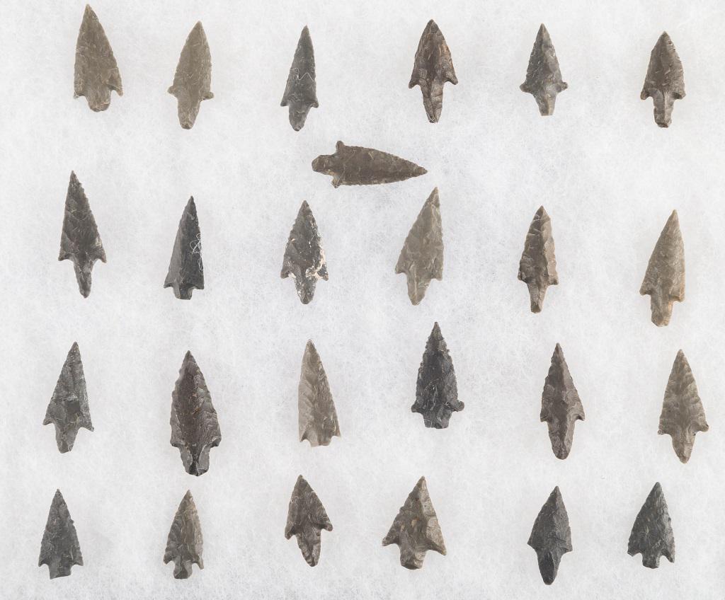 Pre-Columbian Bird Points (25): Pre-Columbian Inca small arrowheads aka bird points from Bolivia and Peru, South America collected in the 1940s by Bolivian native. Largest approx 1.25" L. Graduated denticulation on the flint or cher