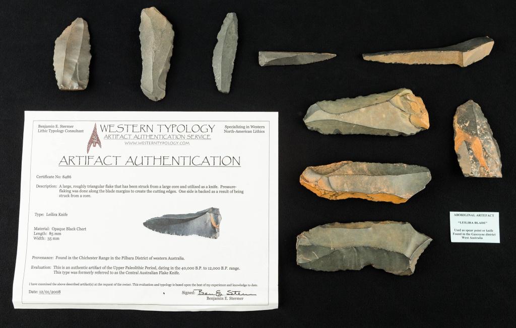 Aboriginal Artifact Leilira Blades / Black Chert: Nine Flake / Leilire Knives from the Gascoyne district in Western Australia. There is a representative COA by Benjamin Stermer that identifies these types as being from the Upper Paleolithic Period (d