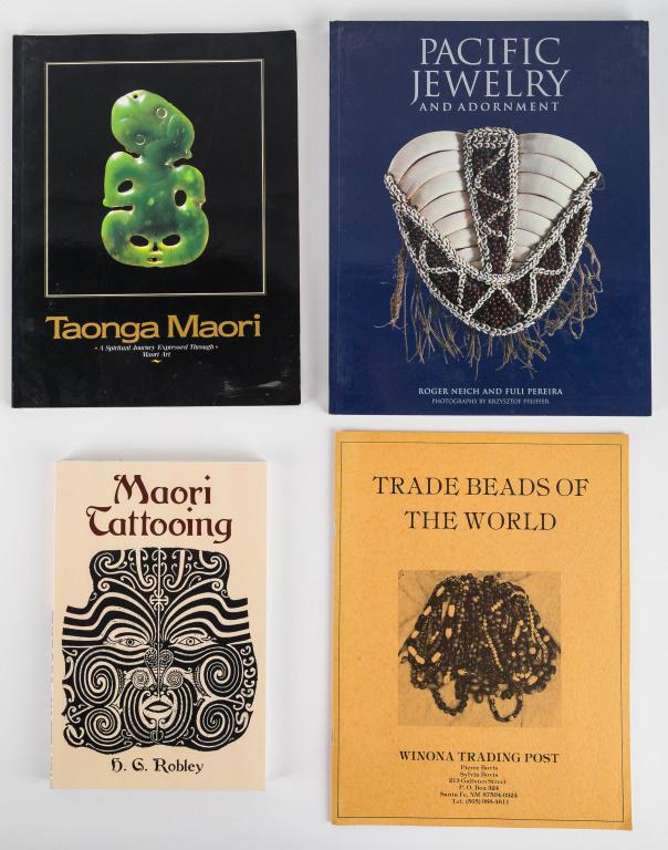 Pacific Indian Reference Books (4): (1) softcover Maori Tattooing by H. G. Robley, Dover Publications 2003, (2) Trade Beads of the World Catalog, Winona Trading Post, Pierre and Sylvia Bovis, New Mexico, (3) Taonga Maori Art, an Exhibit