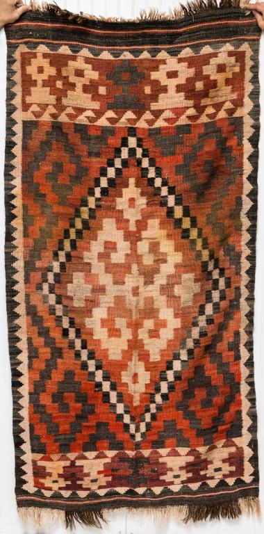 Antique Trade Blanket in Natural Fibers: This early 20th C antique natural fiber blanket for tourist trade, appears to have horse hair fringes, approx 30" x 76", with wear commensurate with age and use as seen in photos.