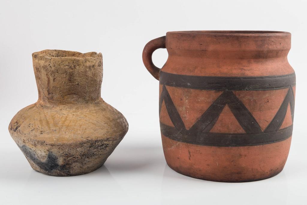 Native American Pottery (2): Two pieces, the tallest approx 6.25" H x 5.5" dia, it is red clay bean pot with black geometric decoration and pie crust style bottom and the smaller is a clay olla vessel with polychrome decoration a