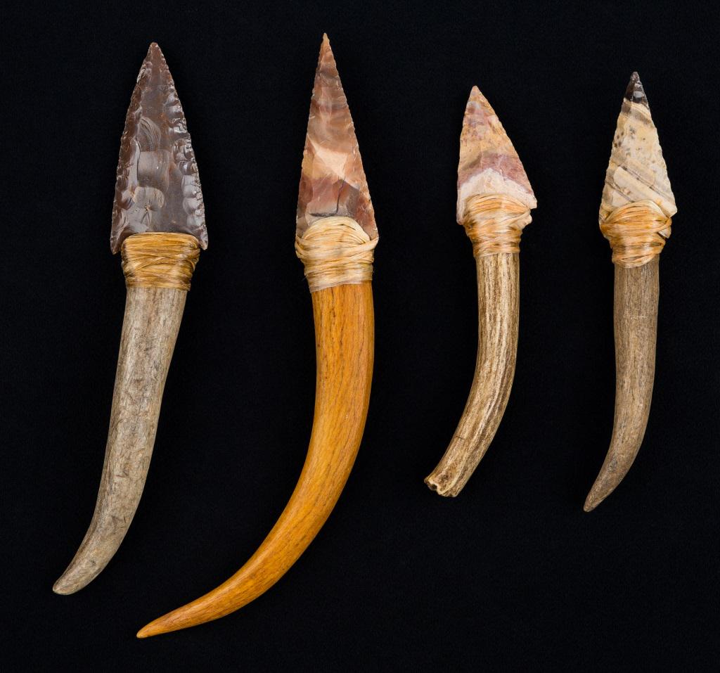 Contemporary Native Made Flint Knives: 4 Contemporary Native made knives with antler handles and knapped flint blades, in various colors, largest approx 8.75"L.