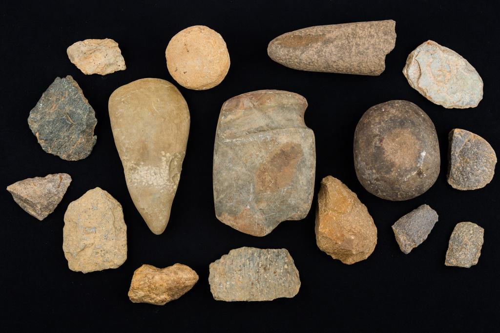 Lower Susquehanna Lancaster County Artifacts: 16 Lower Susquehanna Lancaster County pieces found by 'Cabin John', including groove axe, net weight, nutting stone, and others, largest approx 7"L. Special shipping considerations needed due to weigh