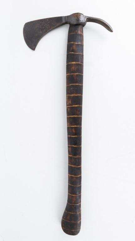 Native American Trade Tomahawk 19th C.: Antique spiked tomahawk with wood burnt finish, blade has maker's mark 'V..', approx 16.75"L x 6.75"W.