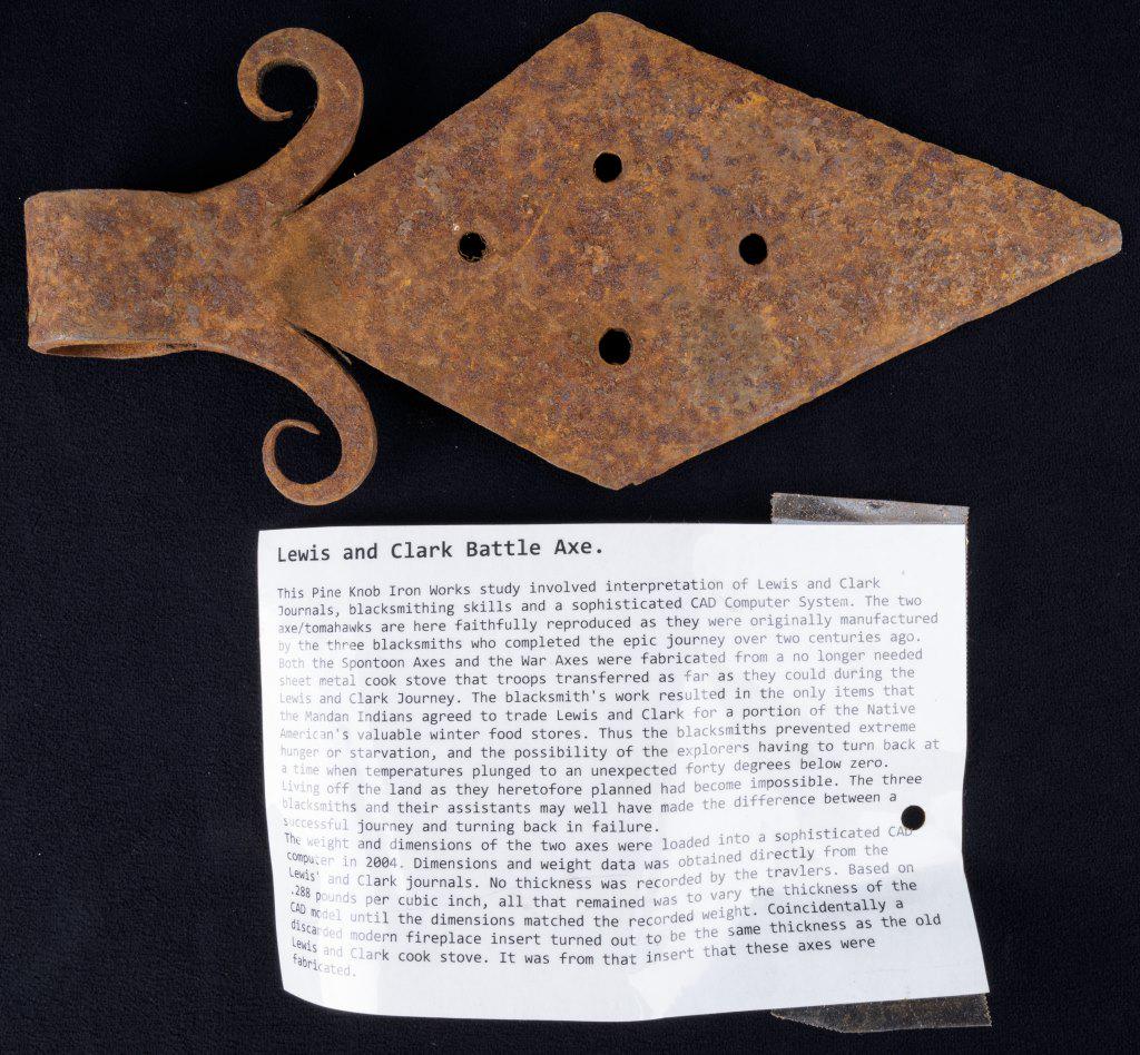 Pine Knob Ironworks Lewis & Clark Battle Axe: Pine Knob Ironsworks replica of Lewis & Clark battle axe, approx 10.25"L, with article explaining creation process.