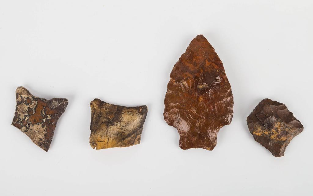 Paleo / Clovis Artifacts from Florida (3): Flint-made broad point 3.5" L, two broken Clovis butt ends, and one Clovis scraper.