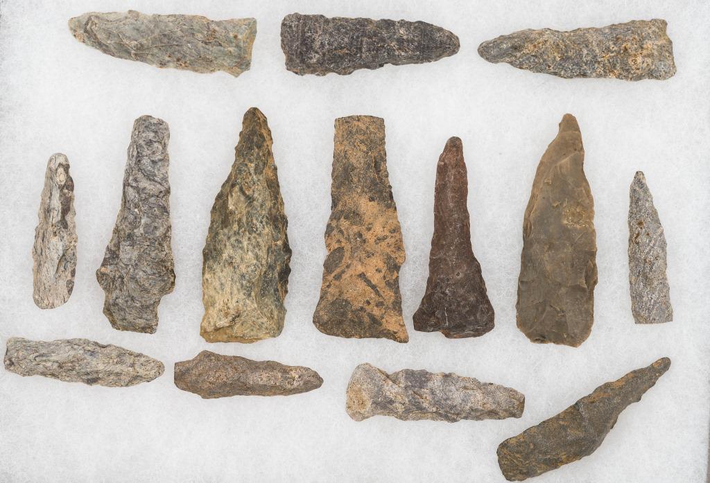 Native American Drills, Borers, and Points: These are from south central Pennsylvania and northern Maryland, mostly Susquehannock Indian. 14 items. The longest is approx 2.5" L.
