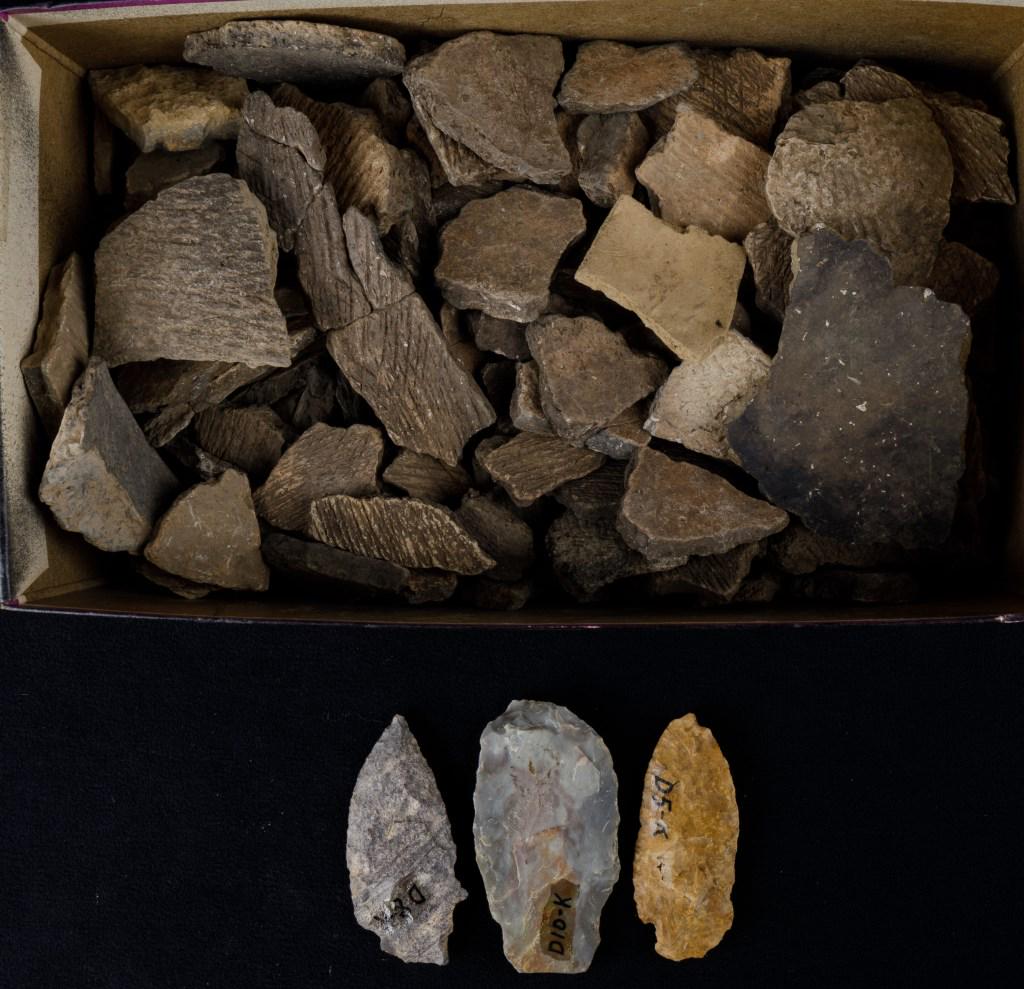 Arrowheads & Excavated Pottery Shards: Martins Creek PA Rockshelter excavated pottery shards in 1963, and NJ jasper and rhyolite arrowheads from Deleware Water Gap, largest approx 3".