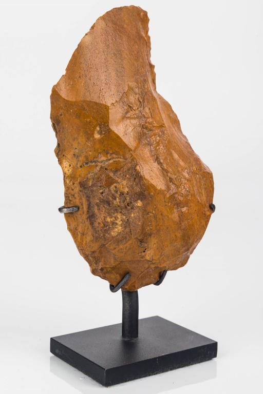 Paleolithic Achuelean Cleaver: This large Paleolithic cleaver (with one end flat but on angle, unlike point tipped axe) made from multicolored jasper is Acheulean from Mauritania, Atlanthropus Mauritanicus and est 700k - 120k years