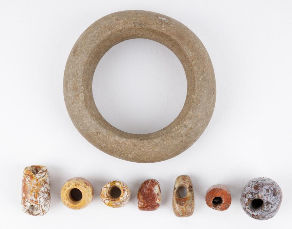 Neolithic Sahara Childs Bracelet & Beads: Neolithic Sahara childs bracelet and beads, found in Niger, all beads are biconially drilled, 5 beads that are agate and jasper with 2 small pendants, bracelet approx 2.37" diam outside edges, inside