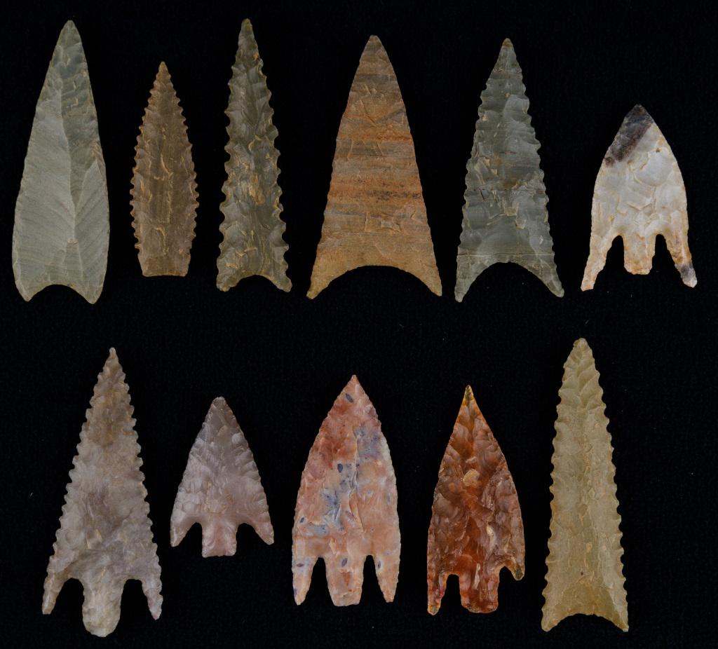 Neolithic Sahara Gem Arrowheads: 2 groups of Neolithic Sahara gem quality arrowheads, first group of 5 comes from Mauritania and are all flint, and 6 jasper arrowheads from Mali. All are extremely fine quality with no damage, largest