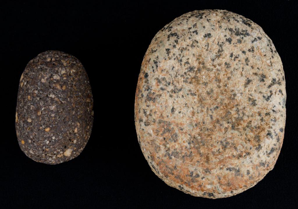 Neolithic Sahara Mortar & Pestle: Neolithic Sahara granite mortar approx 4"L x1.75" thick, porphyry stone pestle approx 2.5", possibly from Mauritania.