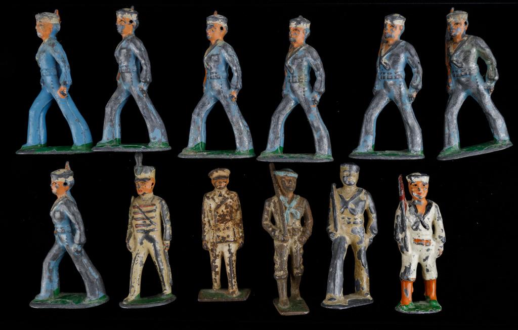 Barclay Manoil Military Toy Navy Soldiers: 12 Cold painted lead Barclay Manoil toy Navy sailors, some loss to paint, wear commensurate with age, largest approx 3.25"H, as seen in photos.