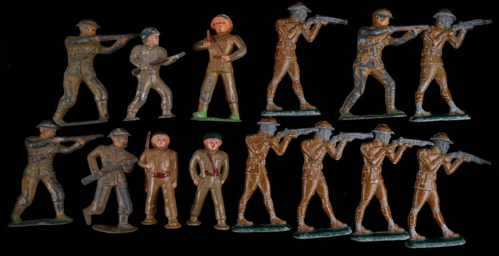 Barclay Manoil Military Toy Infantry Soldiers: 14 Cold painted lead Barclay Manoil toy infantry soldiers, some loss to paint, wear commensurate with age, largest approx 3.25"H, as seen in photos.