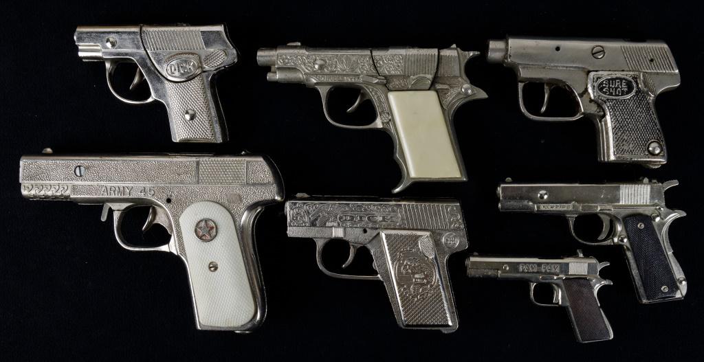 Vintage Hubley & Other Toy Cap Guns: 7 Novelty cap guns including Hubley, Sure Shot, Dick, Pam Pam, largest approx 6.75"L.