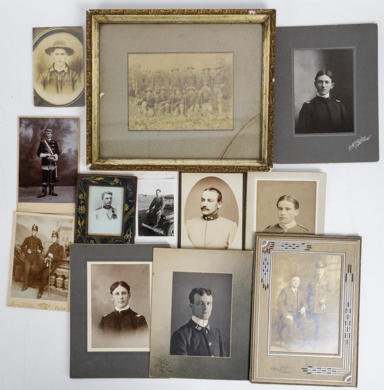 Antique Military Uniform Photos: Approx 12 antique military personal in uniforms, including group photo from Spanish American War in Cuba.