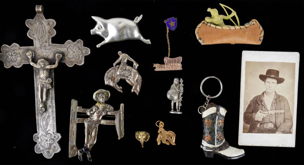 Sterling Silver, Jewelry, Pins & Outlaw CDV: Sterling silver pig pin, Western and Native American themed jewelry, souvenirs, antique cowboy/outlaw photo, and large crucifix.
