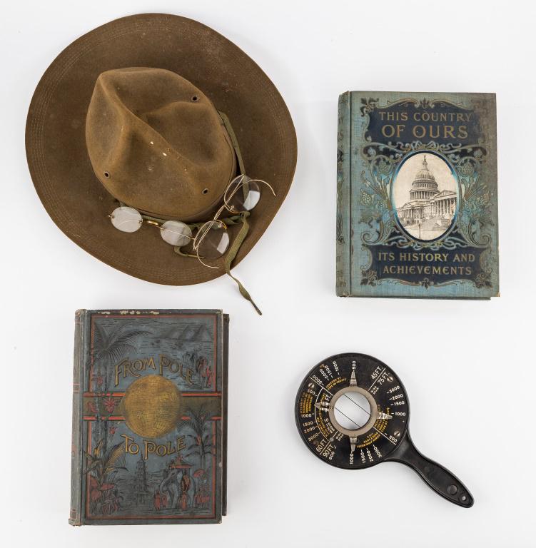 WWI Calvary Stetson, WWII Range Indicator, & More: 1 Pre WWI Cavalry Stetson felt hat (6 7/8) in fair condition with some stains, a WWII era Navy range indicator, 2 antique gold filled glasses, 1 marked 1/10 12k gold filled and 1 marked 14k (possibly