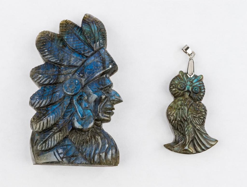 Labradorite Carved Sculpture & Pendant: Labradorite sculpture of Native American with head dress approx 3.75"H, and labradorite owl pendant approx 2"L.