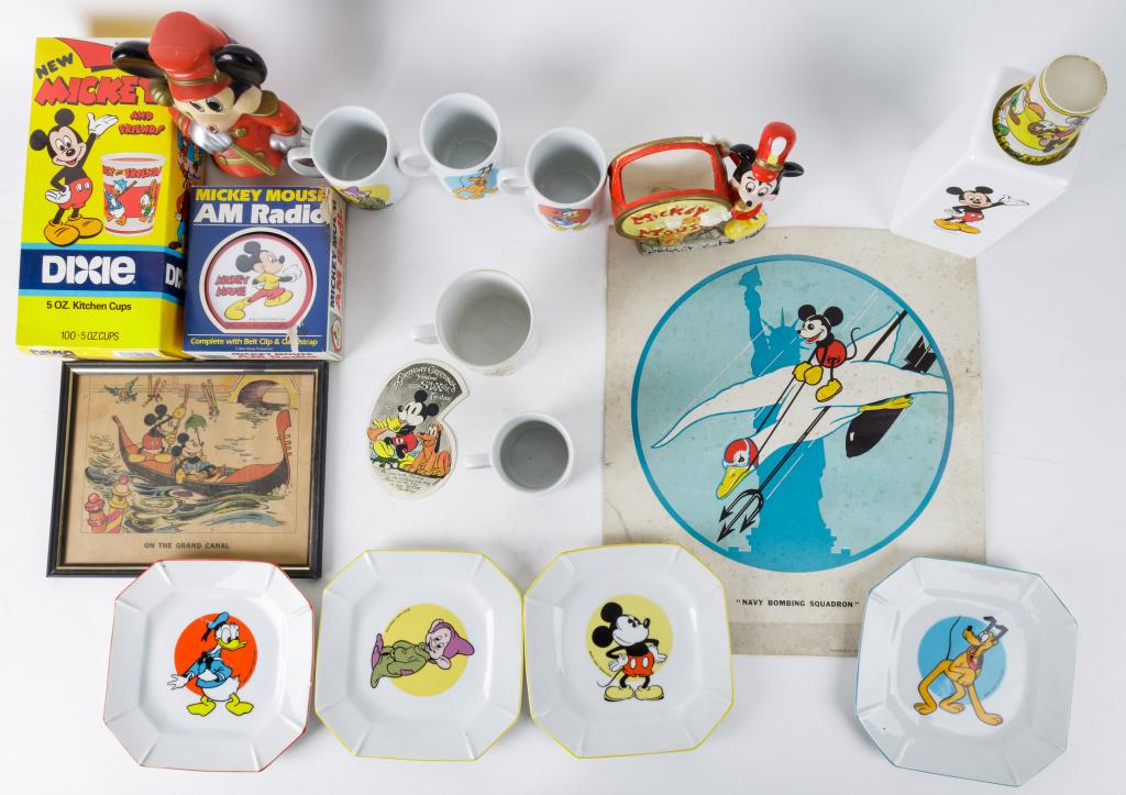 Disney Mickey Mouse Household Grouping: Mickey Mouse items include an AM Radio Model WD 1001 N.I.B. (box has wear), Dixie Cup Dispenser N.I.B. with unopen box of 100 Dixie cups, 9 Japanese made ceramic dishes w/ four different characters, c