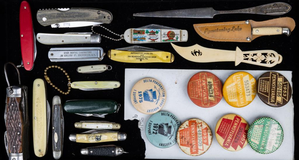 Pocket Knives & PA Fishing Pins: 8 PA fishing license and trout nursery support pins, pocket knife with variety of tools, NRA, Colonial, Hibard, J.A. Henckels, natural material letter opener, Monticello letter opener (broken tip) and