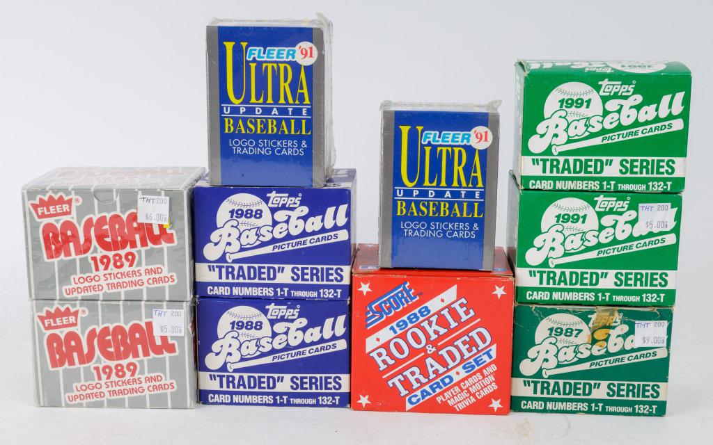 10 Baseball Card Sets: 1987, two 1988, two 1991 - Topps Traded, 2 sealed 1989 Fleer updated and sealed 1991 Fleer updated, and 1988 Score rookie and traded