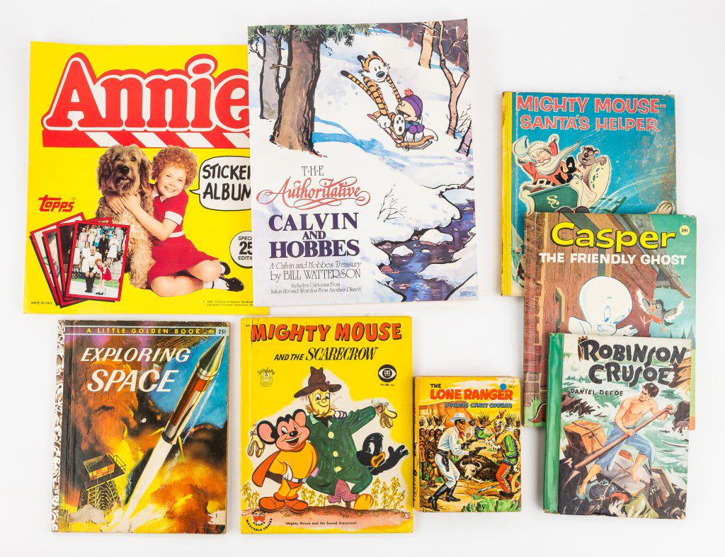 Vintage & Other Children's Books: 1982 Topps brand 'Annie' sticker album, 1990 'The Authoritative Calvin and Hobbes' by Bill Watterson, Little Golden Book 'Exploring Space', 1954 CBS Wonder Books 'Mighty Mouse and the Scarecrow', 1955