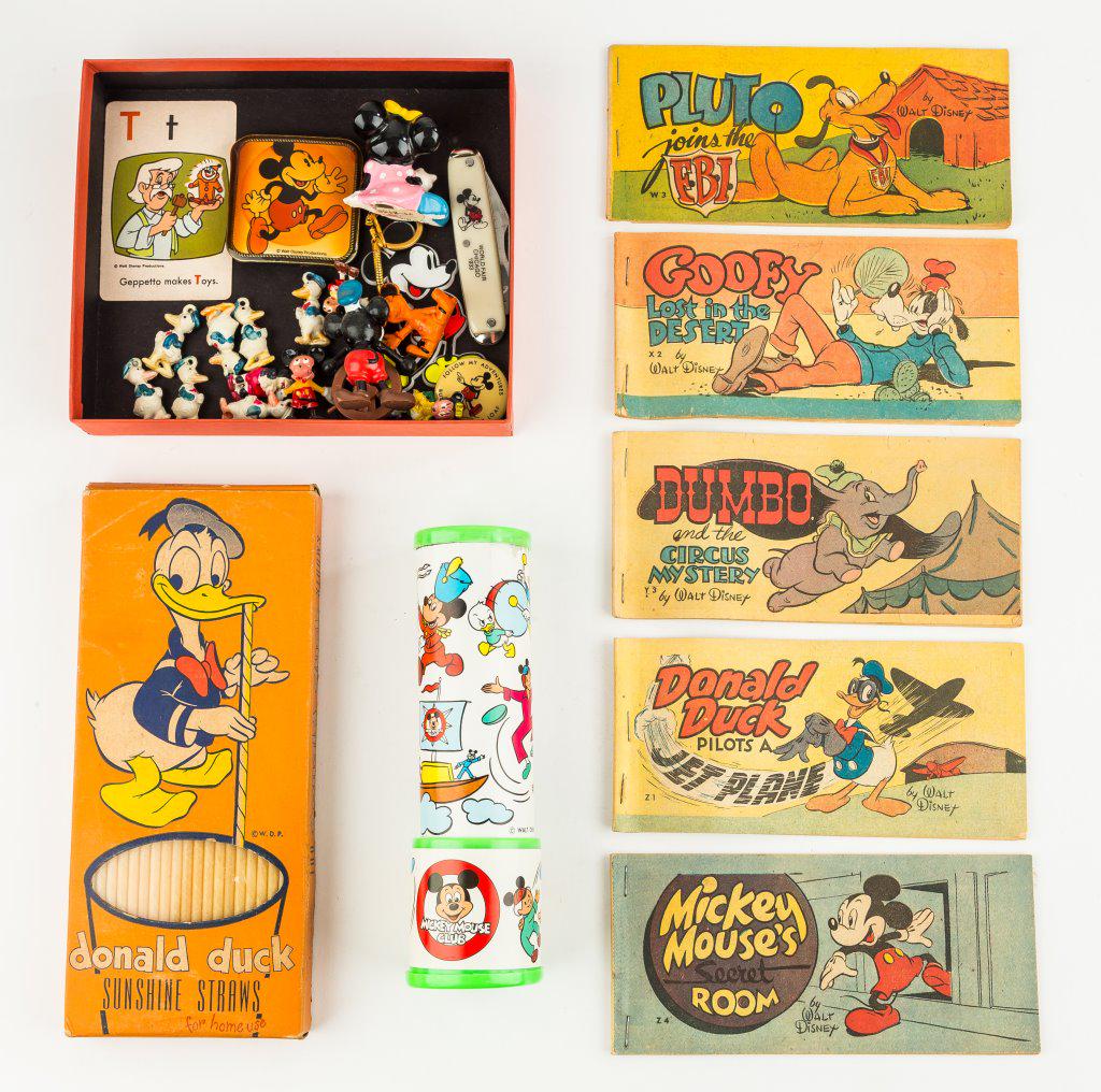 Vintage Disney Collectibles: Box of Donald Duck Sunshine straws with good graphics and box in good shape, 4-1947 Walt Disney comic books with Donald Duck, Dumbo, Goofy, Pluto and Mickey Mouse, Mickey Mouse club kaleidoscope, Mick