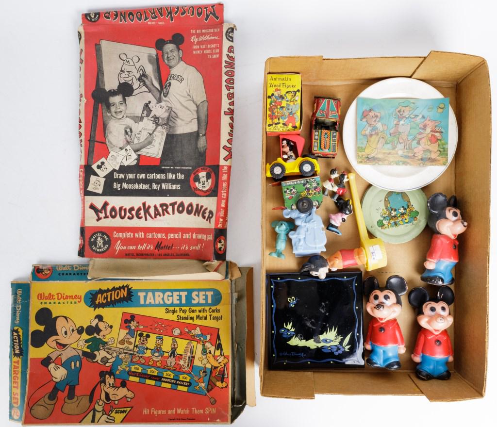 Vintage Mickey, Minnie Mouse & Disney: Variety of Mickey mouse figures including vinyl, pipe, toy tin plates, Minnie Mouse, early Mickey and Minnie walker toy, Mickey in car, 3 Little Pigs, early blue Mickey, tin litho Marx brand Disney tr
