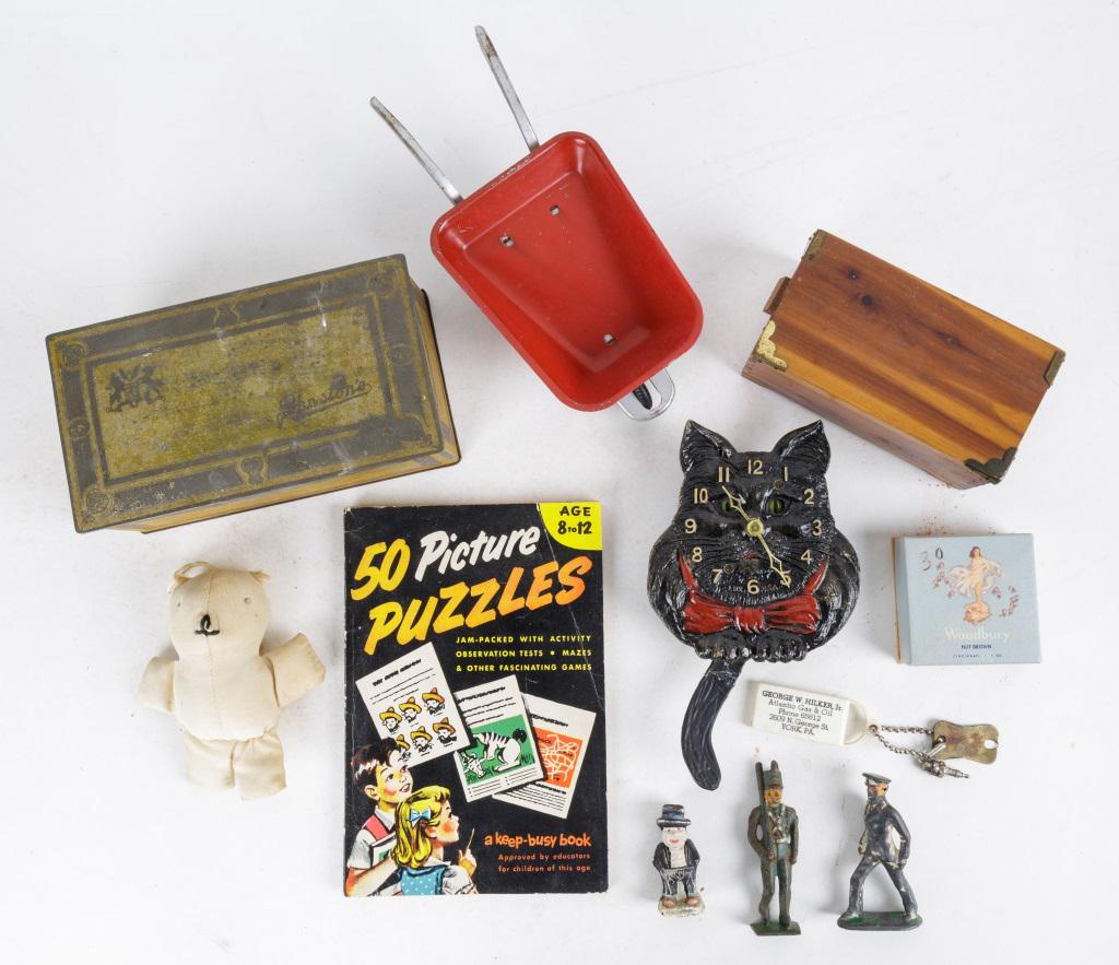 Vintage Cat Clock, Toys, Advertising, Figures: Including Lux Clock cat clock with moving eyes and pendulum tail (tail appears to have repair, no key), Barclay Manoil lead figures, advertising key chains, pressed tin wheelbarrow, chocolate tin, 50