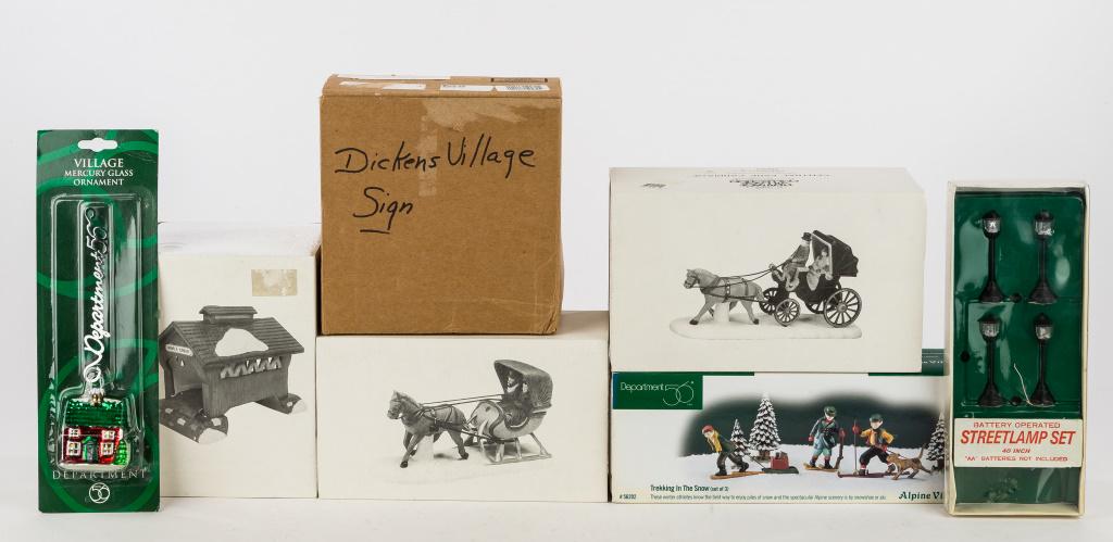 Heritage Village Collection Department 56 Sets: 6 boxes including Dickens Village Sign, One Horse Open Sleigh, Red Covered Bridge, Central Park Carriage, Alpine Village Series Trekking in the Snow, street lamp set, Village mercury glass ornament, a