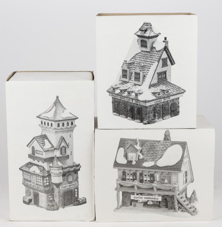 North Pole Series Department 56 Sets: 3 boxes including Post Office, Santa's Woodworks, and Reindeer Barn.