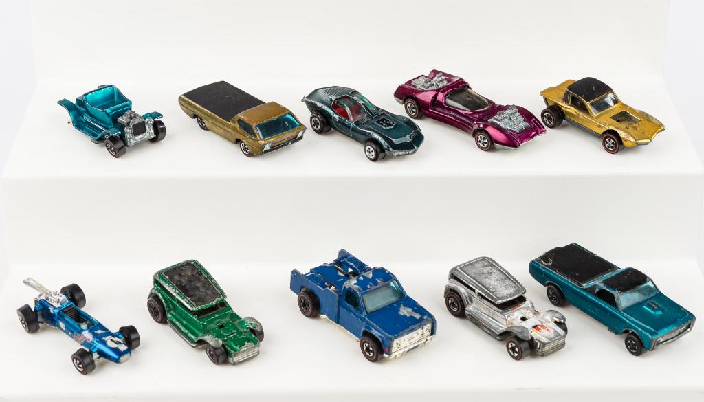 Hot Wheels Redline Cars (10): Hot Wheels The Demon, c1969 Hot Wheels Mod Quad, 1968 Hot Heap, Brabham, Python and others for a total of 10 vintage.