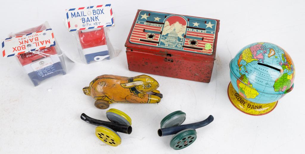 Vintage Marx & Other Tin Litho Banks, Push Toys: Marx Toys brand 'Budget Bank' with key, J. Chein & Co. globe bank, 2 Japan made US Mail box banks in original packaging, unmarked rabbit and cannon tin litho push toys.
