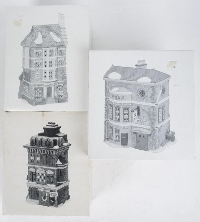 Department 56 Dickens Village Series: 3 boxes including 'The Flat of Ebenezer Scrooge', 'Nephew Fred's Flat', and 'King's Road Post Office'.