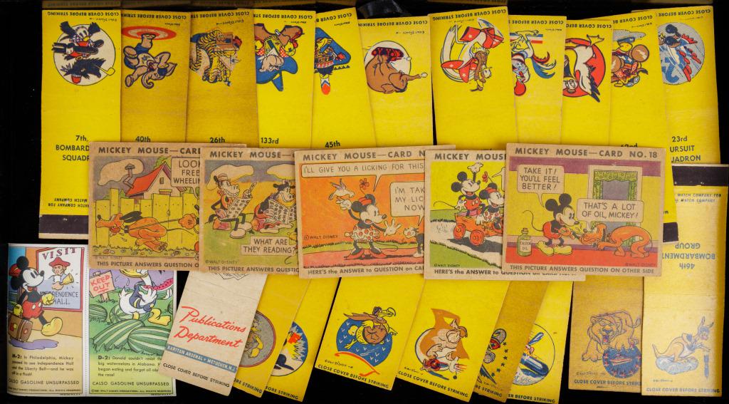 Walt Disney WWII Military Matchbooks, Gum Cards: 20 WWII Walt Disney insignia matchbook series, produced by the Maryland Match Company and artwork from the art program headed up by Hank Porter and Roy Williams, 5 Mickey Mouse bubble gum cards, and 1