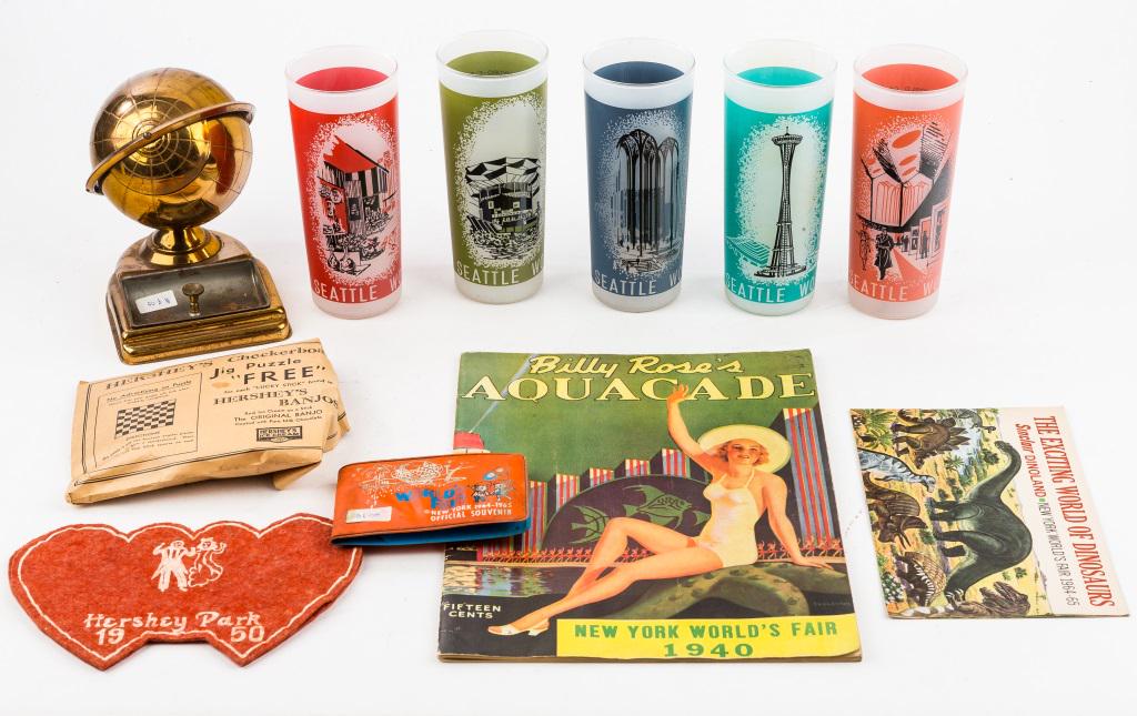 Vintage Worlds Fair & Hershey Park: 5-1962 Seattle glasses, 1-1964 Dino pamphlet, 1-1940 Aquacade program, 1-1964 wallet, 1964 globe cigarette holder and ashtray, 2 Hershey Park felts, and Hershey Park puzzle.