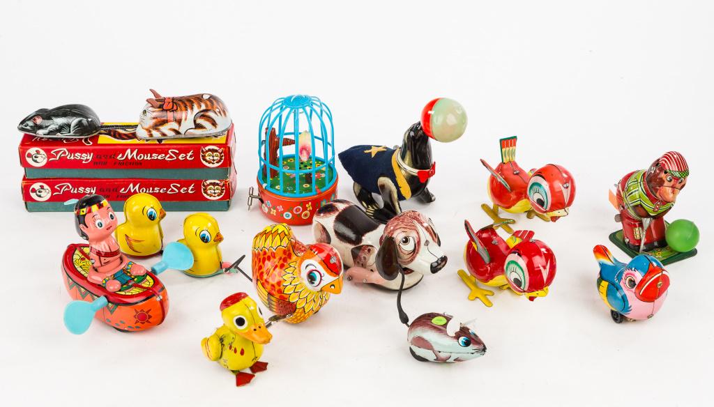 Vintage Tin Litho Wind Ups & Friction Toys: 2 Ichimura brand 'Pussy and Mouse' friction toys in original box, Hirata Gangu Seisakusho / Toplay marked golfing monkey (works), seal with ball (ball has minor loss where it sit on nose) but works),