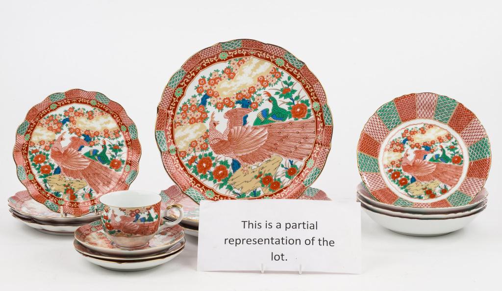 Gump's, Related Japanese Dinnerware (12 Settings): Some marked Gump's, some with other signature, all matching peacock design, including 12 cups, 12 saucers approx 5.75"diam, 12 smaller plates approx 7.25", 12 bowls approx 7.5"diam, and 12 dinner plat