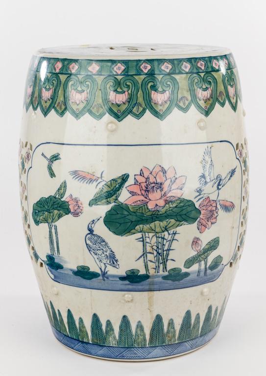 Reticulated Garden Seat, Blue and Green: It is decorated with blue around base, green trees, birds and pink flowers on the sides. Approx 18" H and 12" dia of top. Rim chip. Unmarked base. *Special shipping considerations due to weight *
