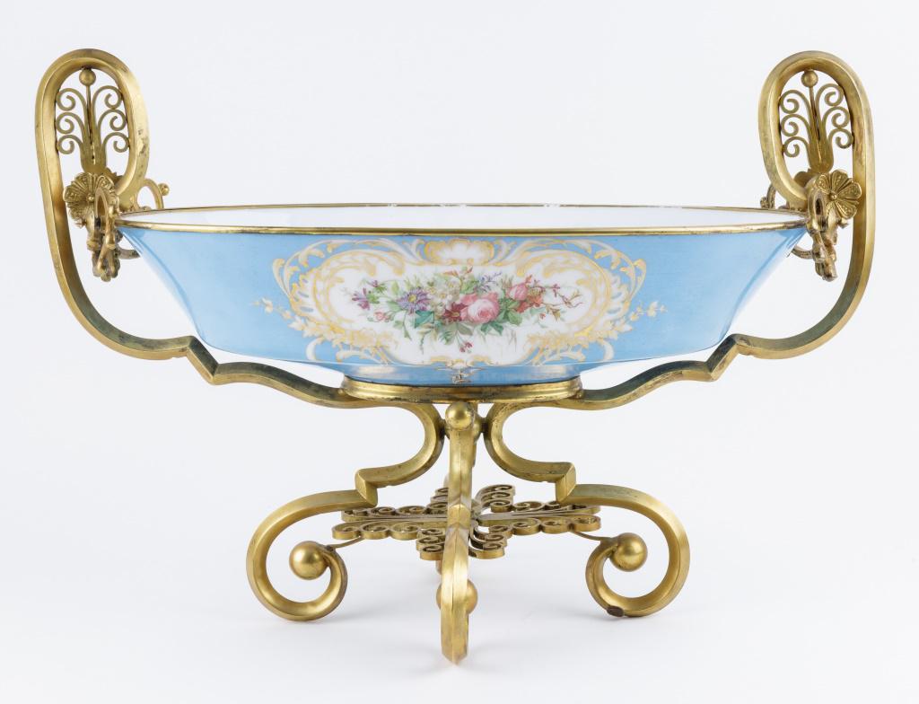 French Baccarat-Style Centerpiece, Milk Glass: French Baccarat style centerpiece with floral design, approx 19"L x 10"D 12.75"H.