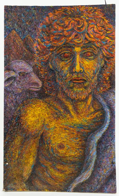 Raymond Majerski Modern Artwork: This is a piece of modern artwork by Ray Majerski (20th C) of a man and sheep. It is signed and dated '96 (e.g. 1996) on the rear stretcher bars. It measures approx 24" x 40". There is some cracks in 