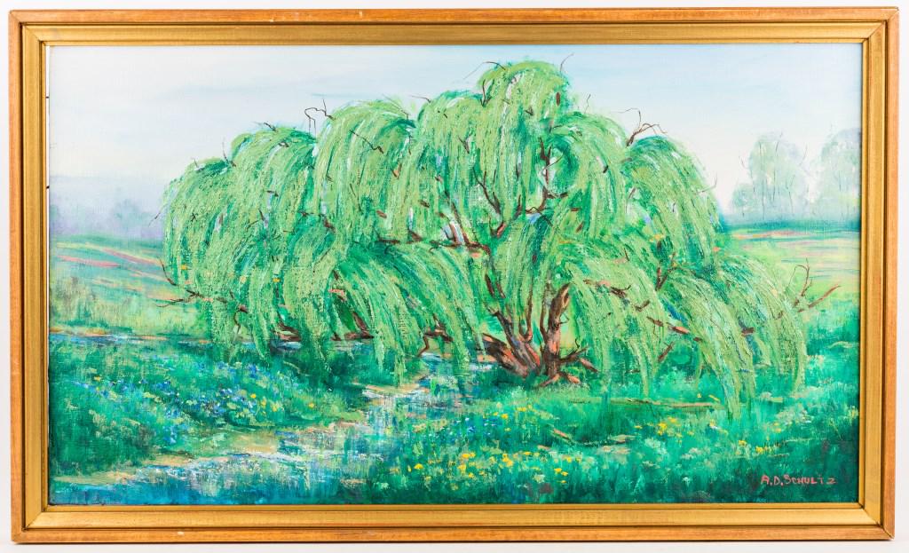 Richard D. Schultz (Am, 1915-2007) Oil Painting: This framed signed 20th C oil on canvas painting by Richard D. Schultz (American, listed artist) of a landscape with weeping willow tree titled 'Weeping Willow' is signed LR, canvas size approx 16" x
