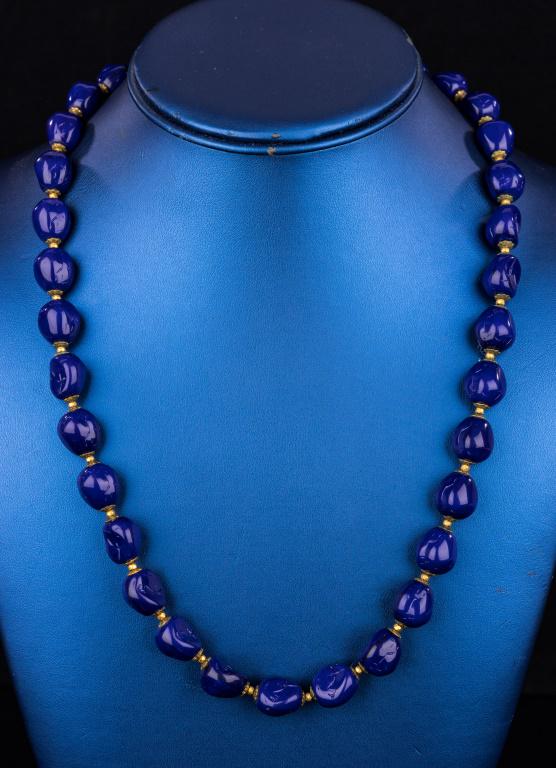 Miriam Haskell Vintage Blue Bead Necklace: "Miriam Haskell" signed long blue glass lapis style necklace with filigree style closure.