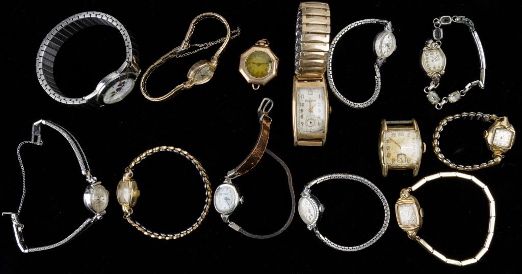 Vintage Watches (13): Large watch collection to include several Bulova, Elgin, Timex and others in various condition, working and non-working.