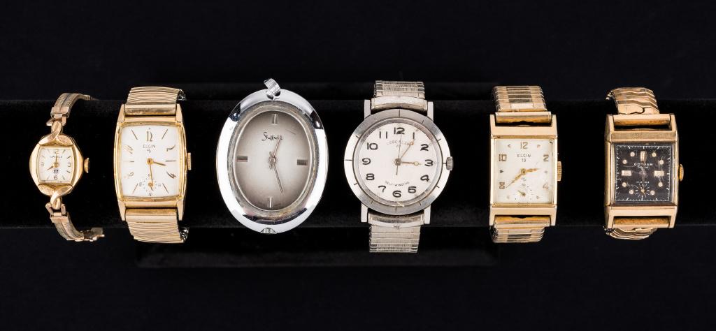 Elgin and Vintage Estate Watch Collection (6): Three "Elgin" including "Lord Elgin" 23J self-winding watch in working order, "Elgin" 19J gold fill wind-up, "Elgin Deluxe" gold fill and stainless steel wind-up, "Gotham" 17J gold fill wind-up, and m