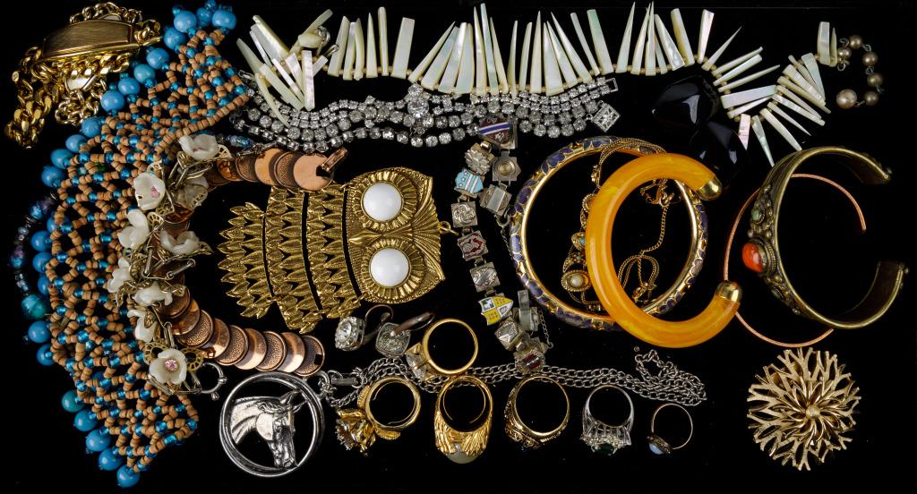 Estate Vintage Jewelry Collection: Sampling to include signed "Trifari" gold tone floral scarf clip, "Goldette" large owl pendant, shell necklace, Cloisonne bracelet and more.