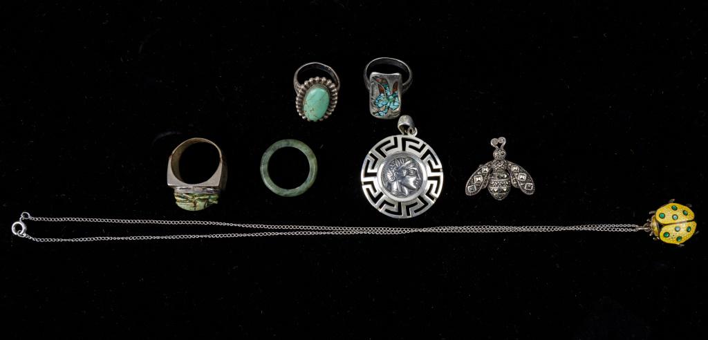 Vintage Sterling Estate Jewelry Collection: Collection includes signed Mexican sterling enamel ladybug necklace, four sterling silver rings to include large scarab, large Native American and Mexican turquoise, Greek coin pendant, marcasite bee 