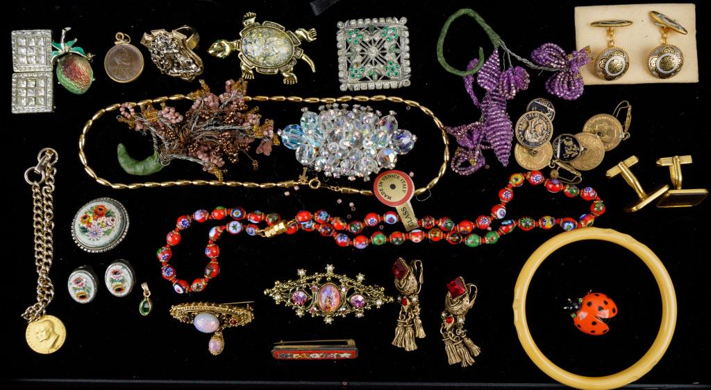 Vintage Jewelry Collection: Large colorful crystal and rhinestone brooches, turtle confetti Belly brooch, micromosaic brooches and earrings, Venetian glass necklace, yellow Bakelite bangle, cufflinks, glass beaded early corsages