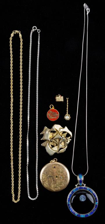Sajen Necklace & Other Jewelry: Sajen .925 chain and pendant with lapis and possible opal surround with druzy quartz accent, B&S Co marked locket, tiny working mailbox marked STG JMF on bottom, faux pearl pendant, 'The Antique Toy C